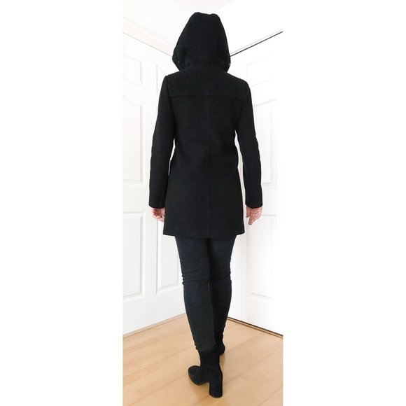 BCBG Black Hooded Wool Coat XS Detachable Realistic Faux Fur - Picture 5 of 14